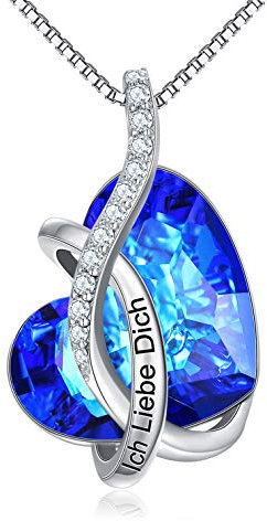 AOBOCO Kette Herz Sterling Silber Ich Liebe Dich Halskette Damen mit Kristallen, Geburtstagsgeschenk für Frauen Freund (Ich Liebe Dich (Blau))