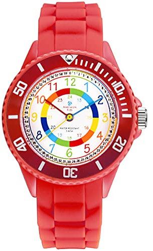 Alienwork Kids Lernuhr Kinderuhr Mädchen Uhrzeit Lernen Rot Silikon-Armband Mehrfarbig Kinder-Uhr Wasserdicht 5 ATM Zeit Lernen