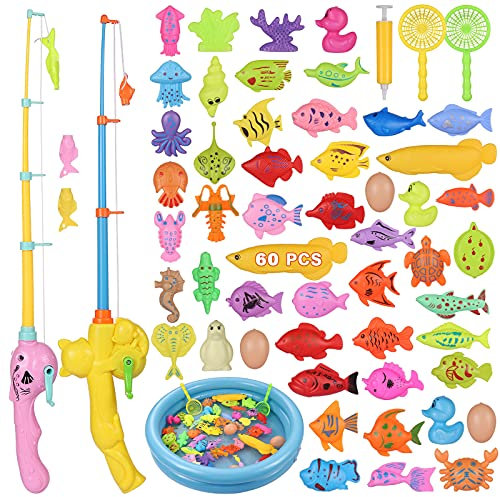 ZWOOS Juguete de Pesca para Niño 60 Piezas Juguete de Pesca Magnético con Caña Flotando Peces y Tarjeta para NiñosJuego de Pesca para Baño y Deportes al Aire Libre para Bebe (60pcs)