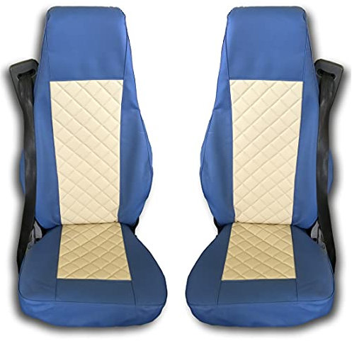 Passend für Volvo FH4, FL, FE, FM After 2014 Euro 6 LKW-Sitzbezüge, Beige Mitte Blau seitlich aus ECO-Leder