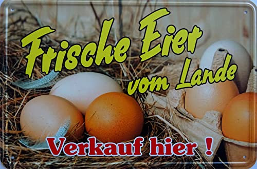 Blechschild Schild 20x30cm - Frische Eier vom Lande Verkauf hier Huhn Hahn Bauenhof Hofladen Bio