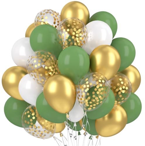 Luftballons Grün Gold Weiß, 60 Stück Helium Ballons Oliv Grün Salbei Weiß, Gold Metallic Luftballons Latex Ballons Retro Grün Weiß mit Gold Konfetti für Luftballons Girlande Geburtstag Hochzeit Deko
