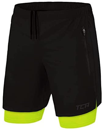 TCA Ultra Laufhose Herren 2 in 1 Kurze Sporthose Trainingsshorts Laufshorts mit integrierter Kompressionshose und Reißverschlussfach - Schwarz/Grün (2X Reißverschlusstasche), L