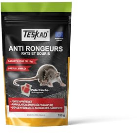 TESKAD – Raticide souricide - Pâte fraîche sans Parfum - Prête à l'utilisation, pour Un Usage Domestique – Formule Naturelle – Protection Anti Souris et Rats Puissant 10 sachets x 15g - Total 150g