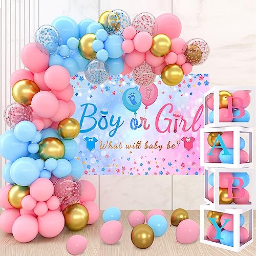 141PCS Gender Reveal Party Deko Box, Luftballon Girlande Blau Rosa mit Banner, Gender Reveal Ballon Girlande, Babyparty Deko Box für Boy or Girl, Baby Shower Deko, Gender Reveal Party
