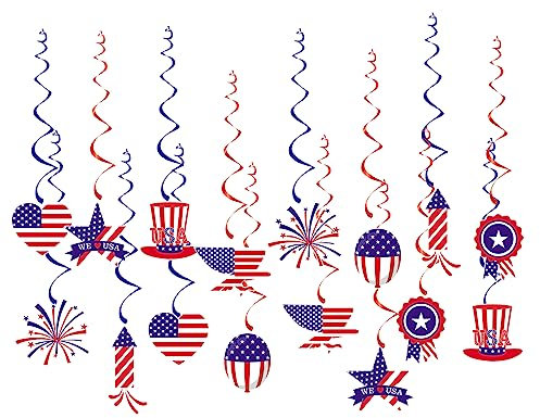 Party-Dekorationen zum 4. Juli zum Gedenktag – 16 Stück rot, blau, weiß, USA, patriotische hängende Wirbel-Deckendekoration, Amerika-Unabhängigkeit, Urlaub, Geburtstag, Banner, Zubehör Hugtmr