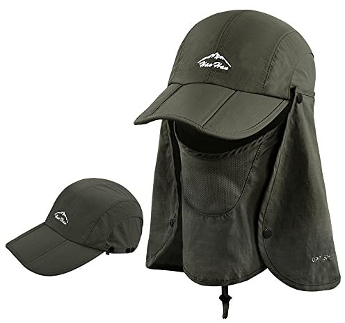 Erwachsene Baseball-Kappe, 3 in 1 Faltbar Schirmmütze mit Gesichts und Nacken UV-Schutz, Wandern Fischen Hut | Sommerhut | Safari Hüte | Baseball Cap für Herren und Damen (Armeegrün)