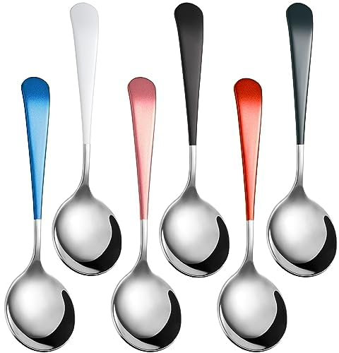 Lot de 6 cuillères à soupe rondes en acier inoxydable - Résistantes - Pour bouillon, dîner, dessert, céréales (poignée argentée)