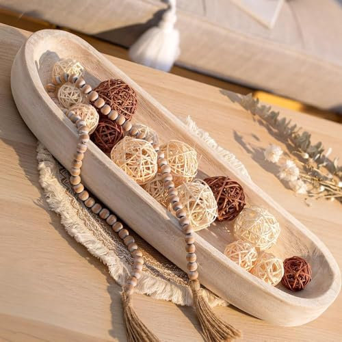 Hanobe Decorative Wooden Dough Bowl: Large Bowls Rustic White Wood Holder Tray Long Centerpiece Decorations for Kitchen Living Room Home Decor 22