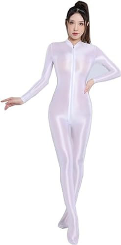 Yaaapiy Woman's yoga dance Lingerie Skin Tight Unitard High Neck Long Sleeve Zipper Footed Bodysuit (white)