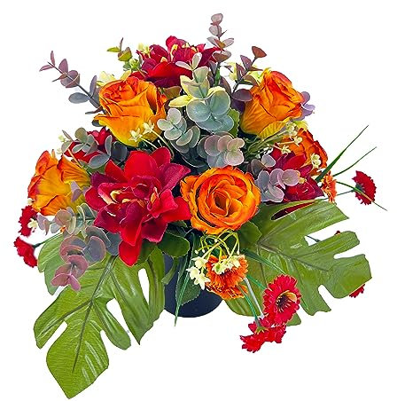Etta Orange Red Rose Dahlia Artificial Flower Graveside Cemetery Memorial Arrangement