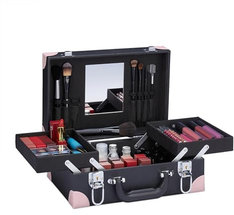 Relaxdays Valigetta Per Trucchi Con Specchio Kosmetikkoffer, für Make-Up, Nagellack, Schminkkoffer mit Spiegel, HBT: 12,5 x 31 x 23 cm, leer, schwarz/rosa, Kunststoff Polyester Glas