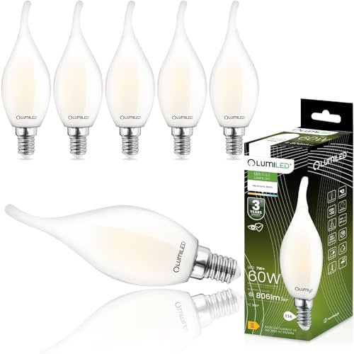 Lumiled BA35 E14 LED Lampe 6 Stück Set 7W (ersetzt 60W) 806lm milchig Filament Glas Leuchtmittel Kerzenform Windstoß 4000K Neutralweiß Birne Lampen 360° Abstrahlwinkel Glühbirnen Kerzenlampe