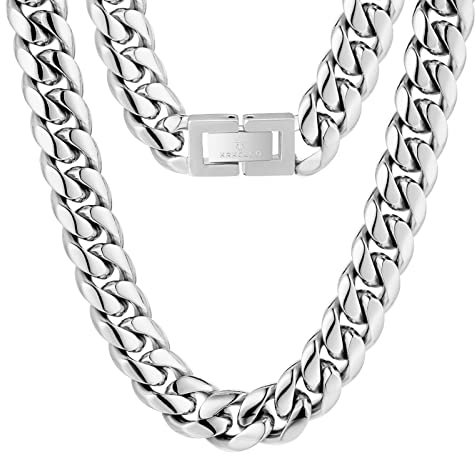 KRKC&CO Herren Panzerkette 14mm, Edelstahl Cuban Link Chain Silberkette, Miami kubanische Gliederkette für Männer, Silber Halskette Hip Hop Halskette für Jungen Größe 66cm