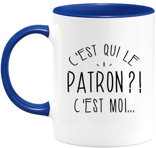 quotedazur Café-Croissant - Mug Personnalisé Humour C'Est Qui Le Patron - Cadeau Noël Original Drôle Chef Tasse Homme - Bleu/Céramique