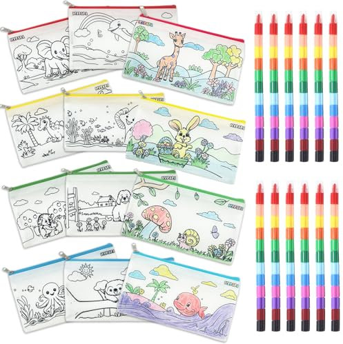 ICEPAPA, 12 Federmäppchen zum Bemalen für Kinder und 12 Wachsmalstifte Stapelbar (12 Farben in 1), Perfekt für Kleine Geschenke für Kinder, Gastgeschenk Kindergeburtstag, Gastgeschenke Hochzeit