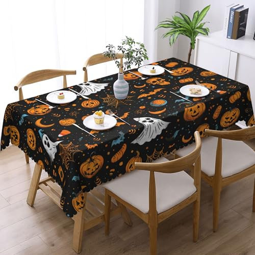 Halloween Deko Tischdecke Schwarz Rund 150 cm Kürbis Ghosts Totenkopf Deko Party Tischdecken Abwaschbar Polyester wasserdichte Tischtuch Tischdekoration für Herbst Outdoor Garten Esszimmer Küche