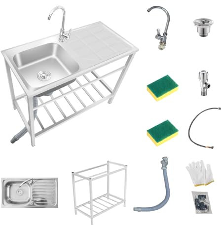 Fregadero Exterior Jardin Fregadero Independiente C/banco De Trabajo Y Estantes De Almacenamiento Fregadero Industrial Acero Inoxidable Con Grifo Y Cepillo De Esponja Fregadero Cocina Para Lavandería(