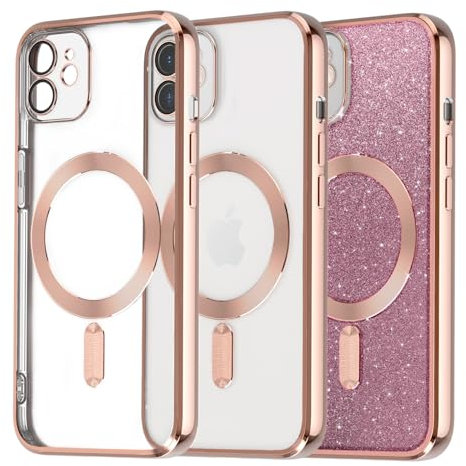 Tikgue Handyhülle für iPhone 11 Hülle Magnetisch,[Kompatibel mit Magsafe][Glitzer Karte] Transparent TPU Silikon Schutzhülle Stoßfest Kameraschutz Clear Case für iPhone 11 - Rosa