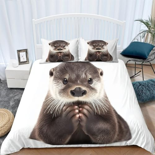 Srigzcaly Bettwäsche Tier Otter 200 x 220 cm Weiß Bettbezug Set mit Reißverschluss, Weiche Deluxe Microfaser 3teilig Bettdeckenbezug und 2 Kissenbezug 80 x 80cm