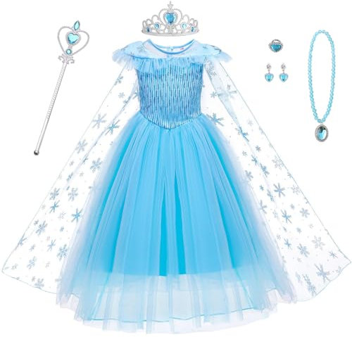 AYBUY Robe Enfant de Princesse, Deguisement Reine Des Neiges avec Accessoires de Baguette Magique Princesse Couronne Costume Princess pour Enfant Cosplay Noël Costume Carnaval(130CM)