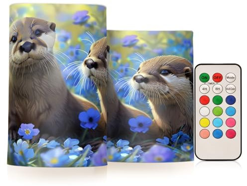 Flackernde flammenlose Kerzen Otter im blauen Blumenfeld LED Kerzen mit Fernbedienung Timer 2er Set Batteriebetriebene Kerze Heimdekoration