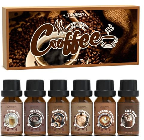 SALUBRITO Kaffee Ätherische Öle Set, Aromatherapie Duftöl für Diffuser, Café Mokka, Französische Vanille, Heiße Schokolade, Blaubeer-Muffin, Eierlikör-Latte, Karamell-Macchiato, Geschenk für Frauen