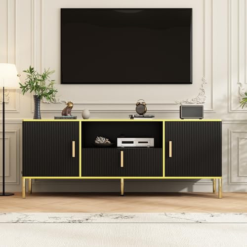 Buffet Noir et doré en tôle ondulée avec 2 Portes et 1 tiroir - Armoire de Rangement avec 5 Pieds en métal - Buffet avec Espace de Rangement Ouvert - Meuble TV, Salon, Cuisine,40 x 140 x 56 cm