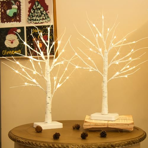 DELICHTER Lot de 2 arbres lumineux avec 24 LED blanc chaud en bouleau avec fonction minuterie - Branches décoratives à piles - Décoration de Noël pour maison, fête, Noël, Pâques, mariage - 55 cm
