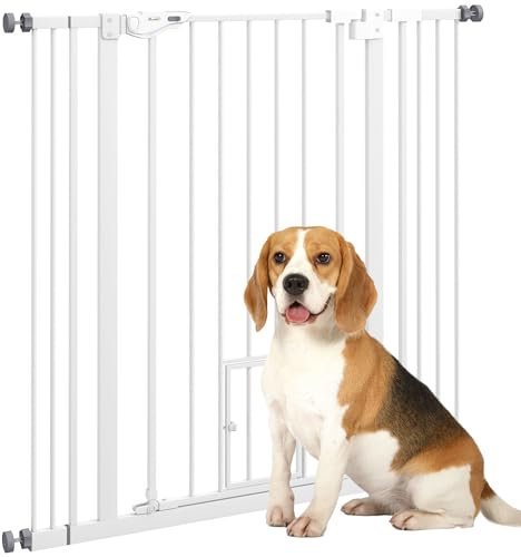 PawHut Barrera de Seguridad para Perros con 1 Puerta Pequeña 74-101x104,1 cm Barrera para Mascotas Extensible con Cierre Automático y Sistema de Doble Bloqueo para Puerta Pasillo Escalera Blanco