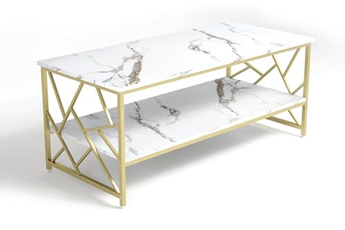 Soayone Wohnzimmertisch Weiß Marmor Couchtisch mit Stauraum Sofa Tisch für Wohnzimmer Couchtisch Gold MDF Tisch
