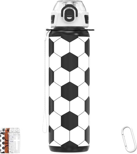 MYFOREST Trinkflasche 1 L, langlebiges Tritan, auslaufsicher, spülmaschinenfest, BPA-frei, sturzsicher, Trinkdeckel/Trinkhalm, Handschlaufe, Karabiner (Fußball, 960 ml)