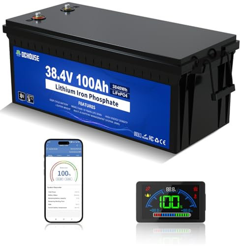 DCHOUSE Batterie au Lithium 36V 100AH Bluetooth LiFePO4 pour voiturette de Golf, BMS 150A intégré, Moniteur LCD, Courant de Pointe 500A, Protection Basse température, Batterie à Cycle Profond