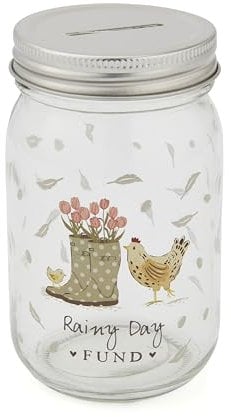 Cooksmart Hen House Lane Glass Money Jar | Farmhouse Design Savings Jar | Clear Glass with Silver Screw Top & Coin Slot | Fun & Practical Home Decor | Ideal for Spare Change & Gifting