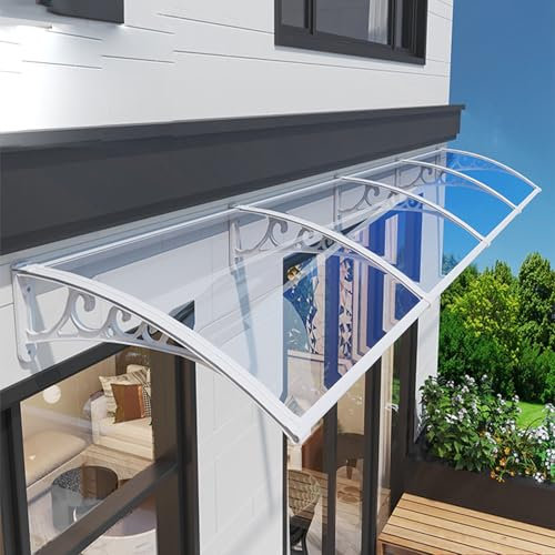 Fenstermarkise Eingangsbereich 120x380cm Türmarkise Frontabdeckung mit Kunststoff Stahlbügel Weiß Bügel Transparentes Panel Haustür Terrassenüberdachung Regenmarkise