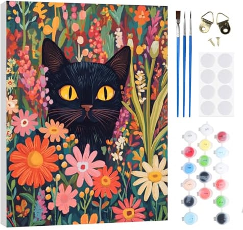 RICUVED Chat Noir Peinture par Numéros Adulte,Animaux Peinture par Numéros Kits avec Cadre en Bois Toile Huile la Main avec Pinceaux Kits Adultes Artisanat pour la Maison 20x30cm
