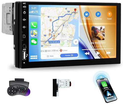 CAMECHO1 Din Autoradio mit Drahtlos CarPlay Android Auto, Radio 1 Din mit 7 Zoll HD Touchscreen Bluetooth GPS Navi, WiFi, FM/RDS,USB,AUX,TF Kartenleser
