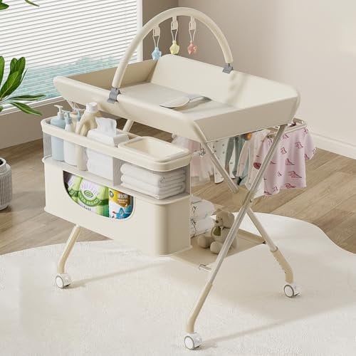 Morlinca Baby Wickelkommode Mobile Wickeltisch Klappbar,Baby Wickelkombi mit Rollen und Ablagefächern,Platzsparend & Stabil,für Windelwechsel & Kleidung,Beige