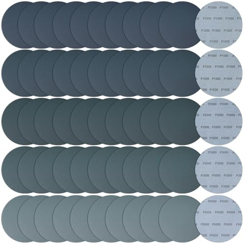 50 Pièces Disques Papier Abrasifs 150mm Autoagrippant, Rond Papier de Verre 1000 1500 2000 3000 5000 Grain, Grille Papier a Poncer pour Auto, Mastic, Plastique, Vernis, Ponçage Sans Poussière