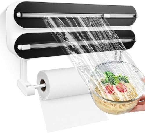 Dispenser di pellicola trasparente 3 in 1: supporto magnetico da parete per cucina, taglierina in ABS, dispenser multifunzione e dispenser per cucina (D4 nero/50 M)