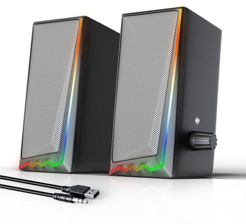 Uakinat Computer Speakers, Desktop Speakers with Various Colorful LED, Gaming Speakers with Volume Control,for PC, AC Adapter Powered and 3.5mm AUX-in Computer Speakers