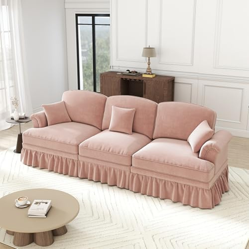 Ligterra Sofa mit Schlaffunktion, Sofa 3 Sitzer, Mittelalterlich Stil, mit Trichter-Armlehnen, Abnehmbarer Rüschenschürze & Spindelförmigen Beinen, Chennille-Stoff, 272×83.5×93cm (Rosa)