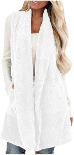 Generisch Teddy Weste Damen Lang Fleece Strickjacke Ärmellose Revers Fleeceweste Winter Teddyjacke Modisches Einfarbig Fleecejacke Open Front Wintermantel mit Taschen Fleece Cardigan Warm Winterweste