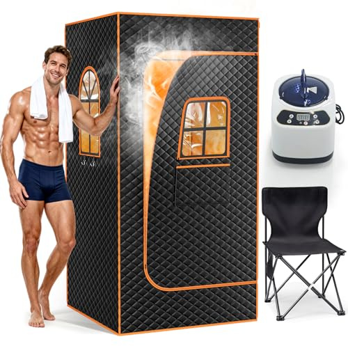 Ryuhic Tragbare Dampfsauna Heimsauna für Zuhause | 90 x 90 x 180cm, Doppelfenster, Mobiles Saunazelt with 3 Liter Dampfgenerator, Sauna mit Klappstuhl & Fernbedienung