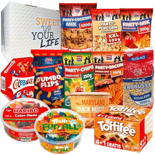 World of Sweets Party-Box XXL – Große Snack- und Süßigkeitenbox mit Chips, Nüssen, Popcorn, Fruchtgummi und Schokolade – Geschenkbox für Partys und Feiern