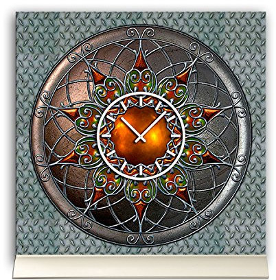 dixtime Tischuhr 30cmx30cm inkl. Alu-Ständer -antikes Design Mittelalter Artefakt Steampunk geräuschloses Quarzuhrwerk -Wanduhr-Standuhr TU3795