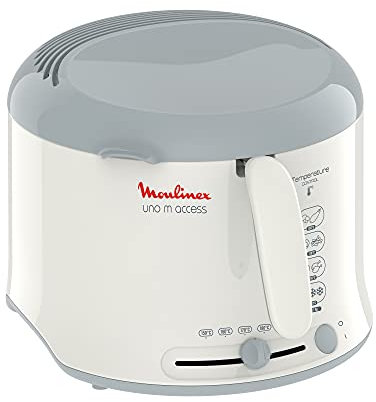 Moulinex AF1211 Uno M Access Fritteuse | Fassungsvermögen: 1 kg | wärmeisoliertes Thermogehäuse | einklappbarer Handgriff | Thermostat: 150° bis 190°C | Weiß/Grau
