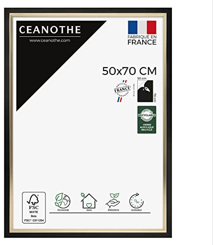 Ceanothe Cadre Photo 50x70 cm Noir et Doré Convient au A2 et Affiche Poster Baguettes avec finition intérieure de la Collection Actual Verre acrylique Incassable Fabriqué en France