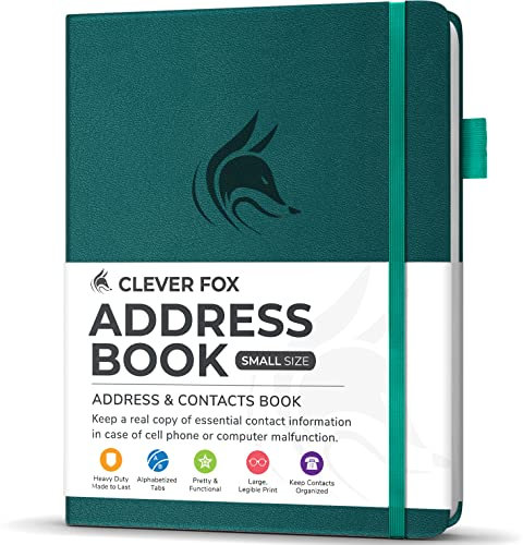 Clever Fox Adressbuch mit alphabetischen Registerkarten – Telefon- und Adressbuch aus PU-Leder zur sicheren Aufbewahrung von Kontakten, Kontakt-Organizer-Tagebuch, kleine Größe (10,2 x 14,9 cm),