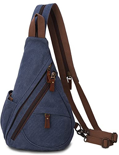 VARLIVOO Retro Sling Bag Bolsos de Hombro para Hombre Bolsos Cruzados Bandolera Mujer Bolsa de Pecho Crossbody Bolsa Senderismo Viajes Cámping Ciclismo Montañismo Lona Sling Backpack Azul Marino